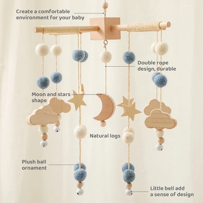 0 -12 Months Baby Rattle Crib Mobile Toys Star Moon Wooden Bed Bell Musical Box Hairball Nordic Hanging Decor Accessories Gifts