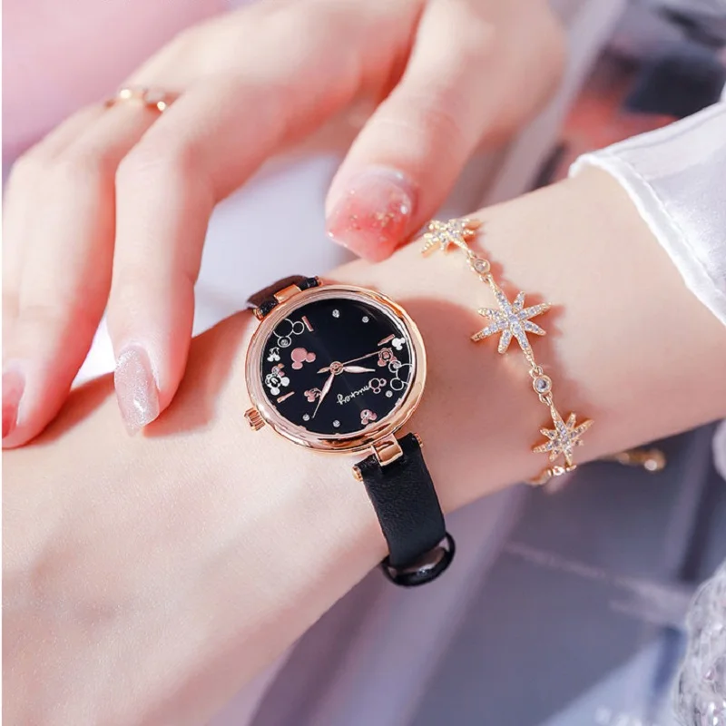 Disney Women Fashion Casual Japan Quartz Wristwatch Rhinstone Scale Micky Mouse Cartoon Lady Youth Girl Female Lovely Cute Clock