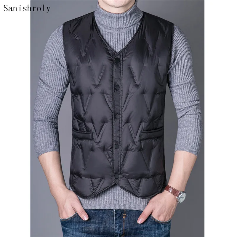 Plus Size 4XL 2021 Autumn Winter Warm White Duck Down Vest Coat Men's V Neck Down Vests Jacket Male Short Sleeveless Waistcoat