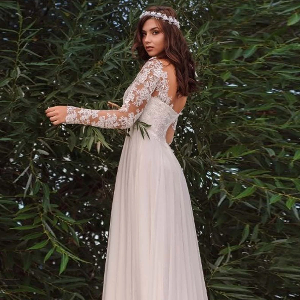 A linha império vestidos de casamento com decote em v manga longa renda sem costas trem chiffon vestidos de noiva grávidas vestidos de noiva personalizado