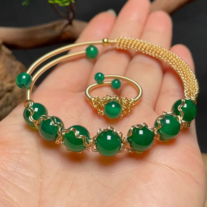 Natural Stone Bangles Cuff Copper Bracelets for Women 14K Copper Plating Gold-Color Wire Wrap Agate Bracelet Exquisite Jewelry