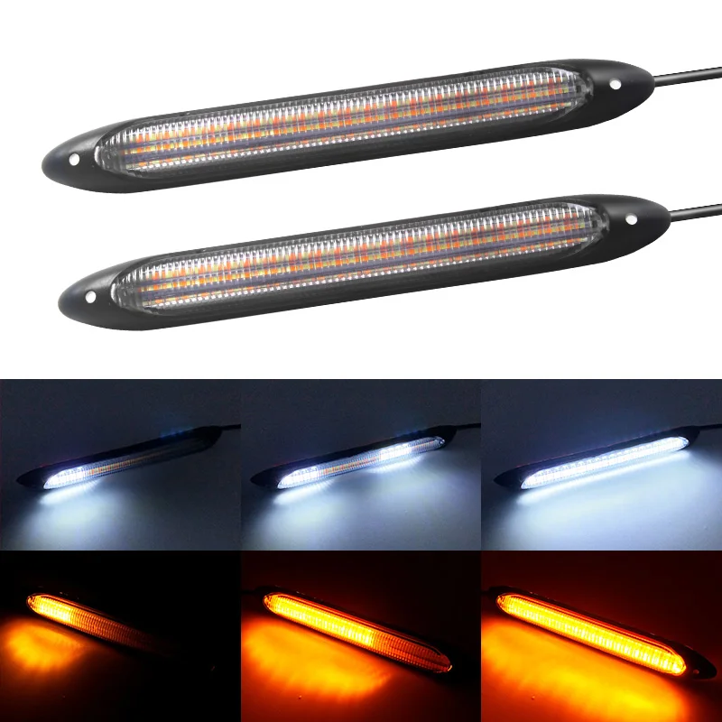 2pcs Universal Car LED Daytime Running Light Scan Waterproof Headlight Strip Sequential Flow Yellow Turn Signal White DRL Light