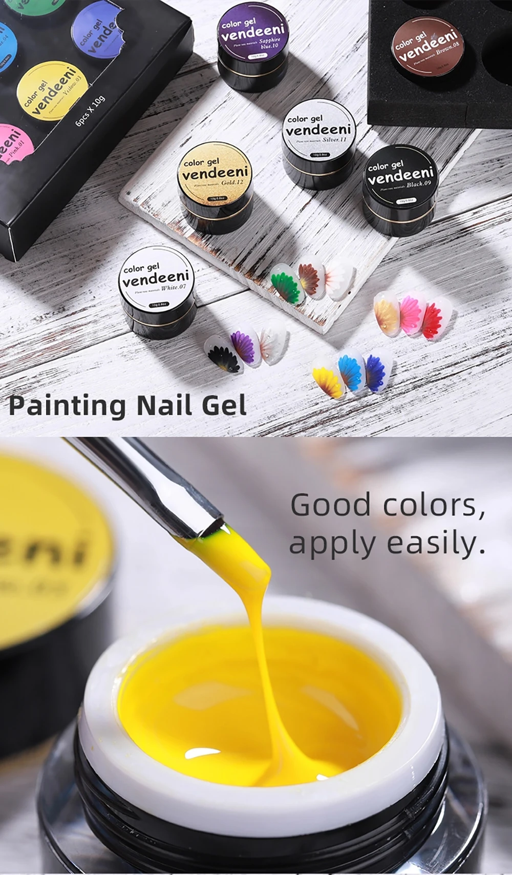 Vendeeni 12 Farben Malgel für Nageldesign, Zeichnungsgel, Nagellack, ablösbares UV-LED-Gel, lackiertes Gel, 10g – Detail 1