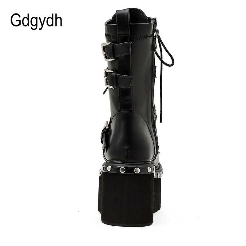 Gdgydh Spring Lace-Up Motorcycle Boots for Women Round Toe Thick Platform High Heels Female Ankle Boots Gothic Style Shoes