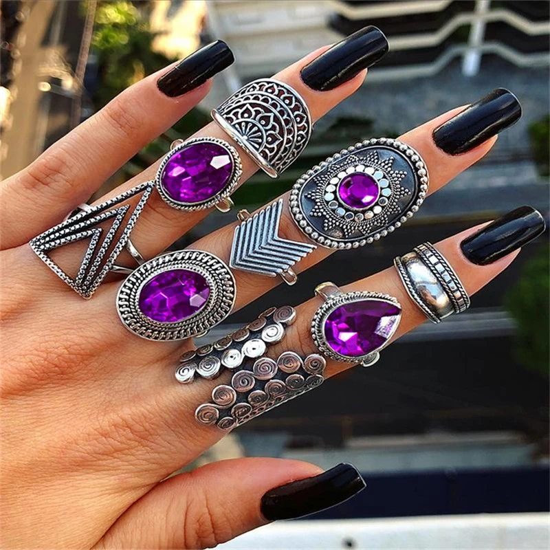 Vintage Purple Crystal Knuckle Rings for Women Bohemian Geometric Anel Finger Ring Set Boho Party Anillos Mujer Jewellery 2022