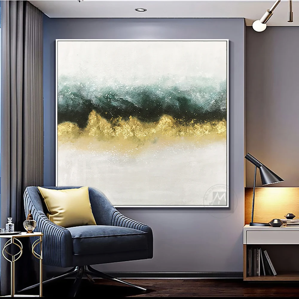 

Hand Painted abstract painting texture acrylic Modern art green oil painting Golden for living room wall Large home decoration