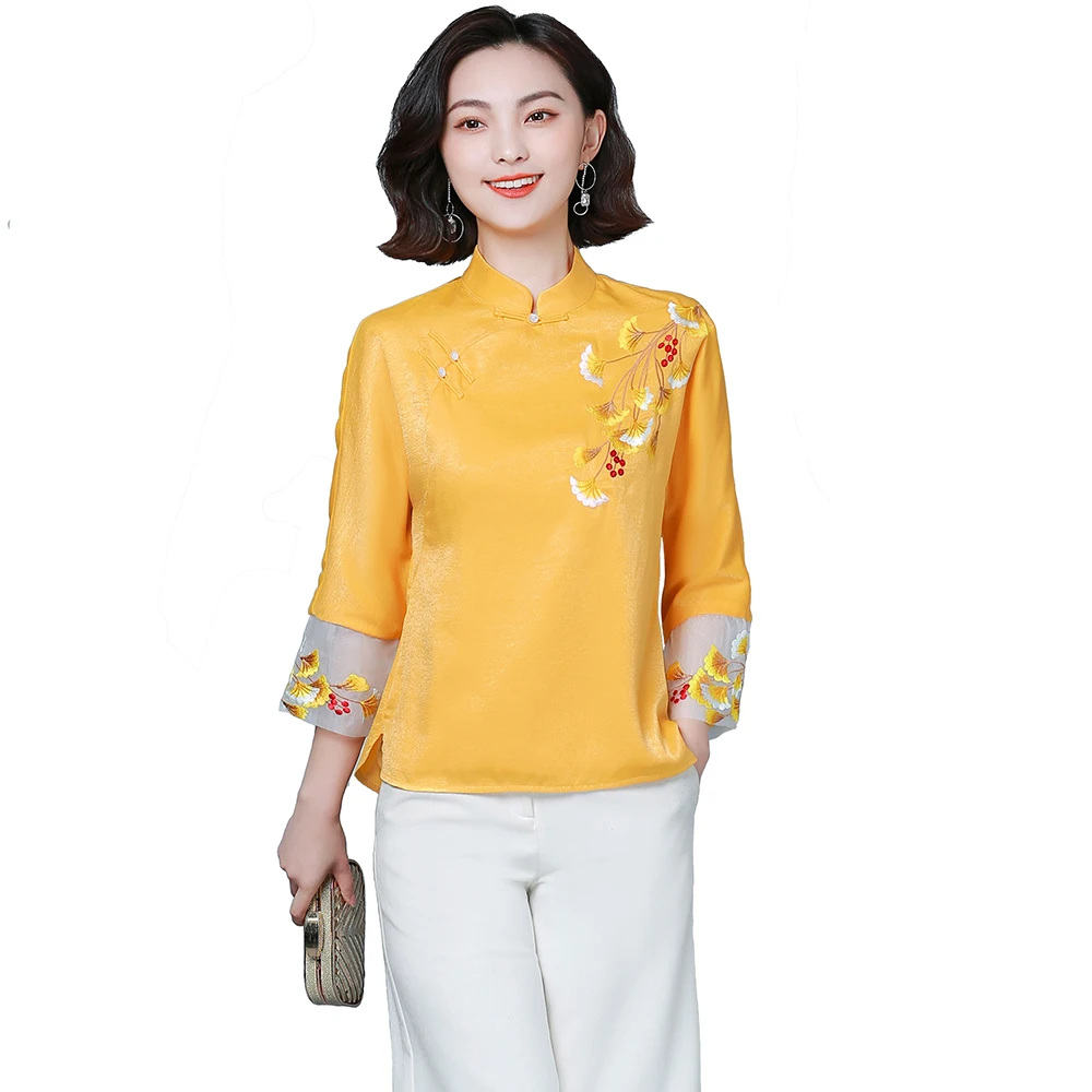 2021 Woman Summer Chinese Style Lace Stitching Three Quarter Sleeve Buckle Embroidered Short Shirt