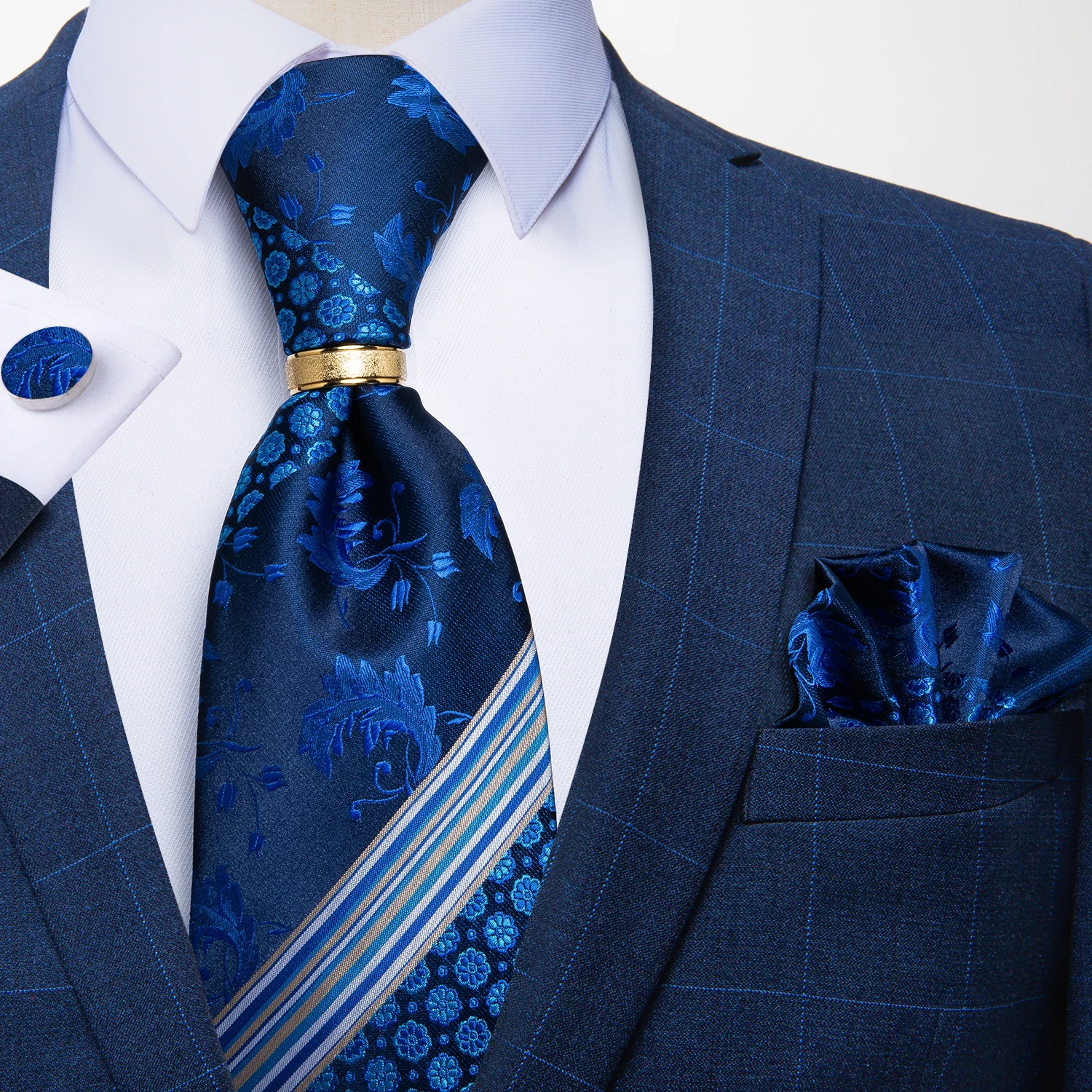 Men's Tie Handkerchief Cuffink Necktie Set Jacquard Woven Silk Blue Wedding Formal Business Party Necktie Ring Set DiBanGu