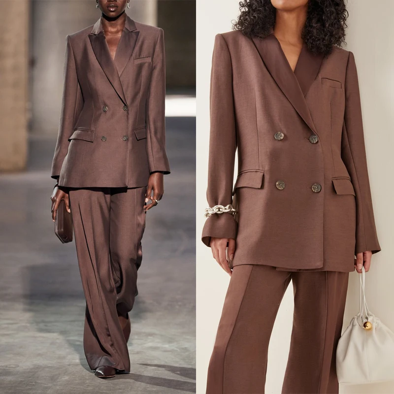 

Loose Brown Women Suits 2 Pieces Double Breasted Catwalk Jacket Peaked Lapel Celebrity Custom Made Blazer