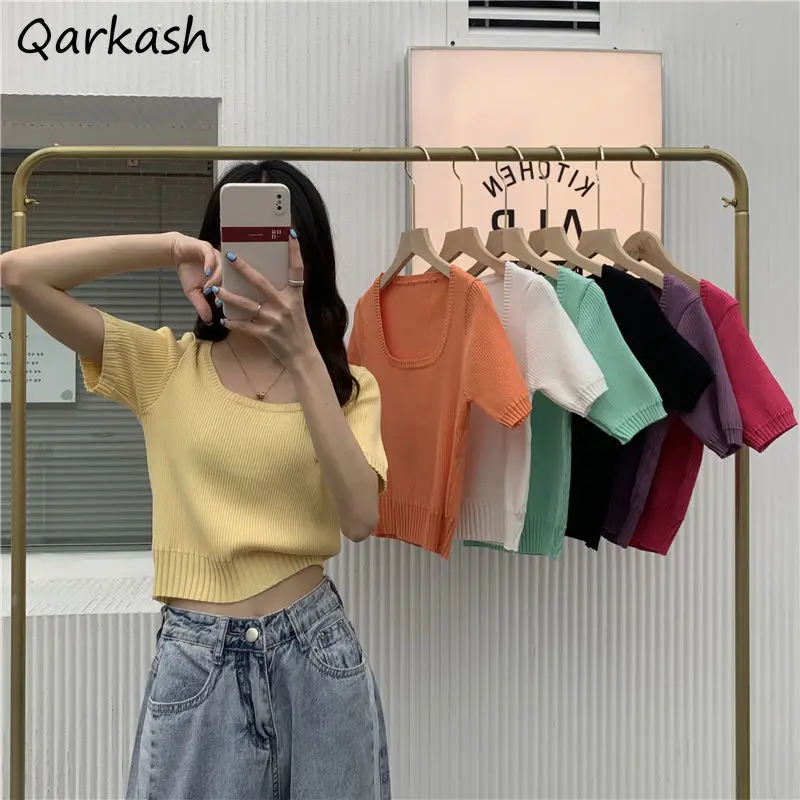 Short Sleeve T-shirts Women Knitted Korean Style Sweet Crop Top All-match Fashion Tender Basic Soft Ladies 8 Colors Popular Ins