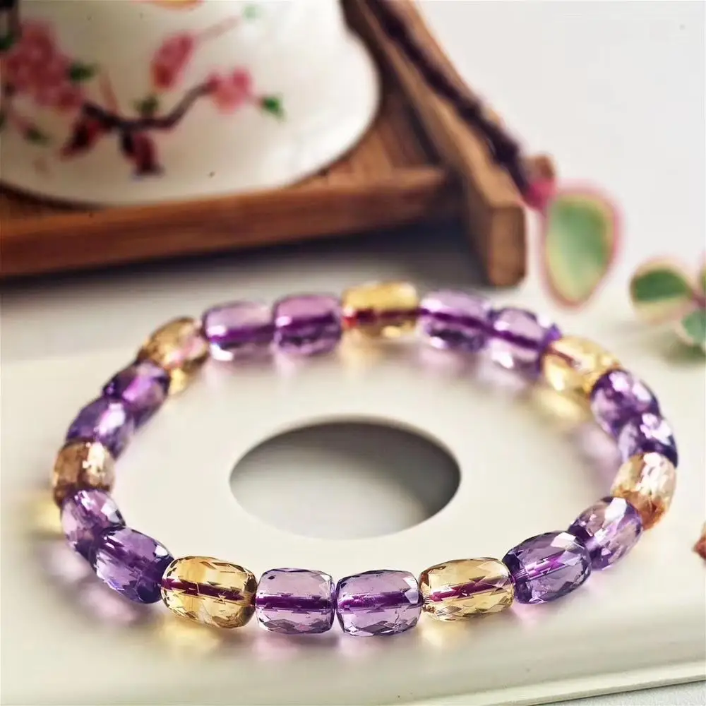 Natural Amethyst CItrine Quartz Yellow Purple Bracelet Women Faceted Barrel Beads Crystal 6x7mm Stretch AAAAA
