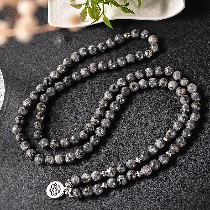 8mm Faceted Black Flash Labradorite 108 Mala Bracelet Yoga Healing Jewelry Men and Women Rosary Lotus Charm Pendant Bangle