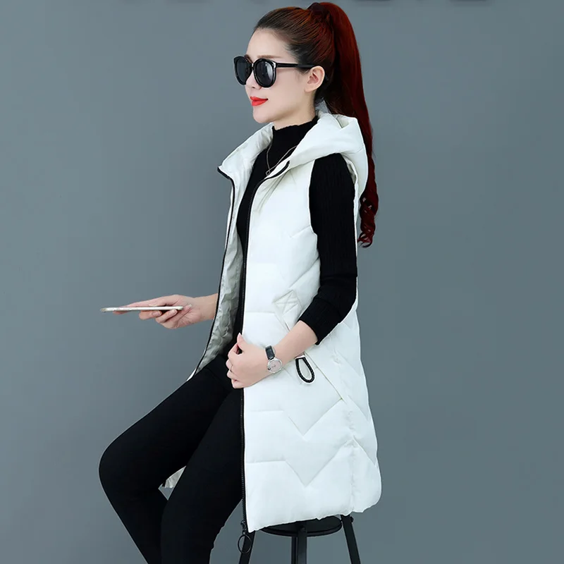 Autumn Winter Vest Female Thick Hooded Jacket Fashion Mid-Length Slim Warm Vest Women Thicke Down Cotton Vest Waistcoa