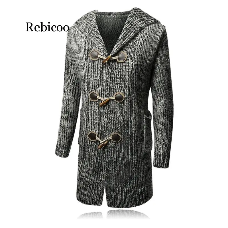 

medium style Thick Men Winter Cardigan Sweater hooded horn button Big Boys Sweaters Winter Men Knit Wear