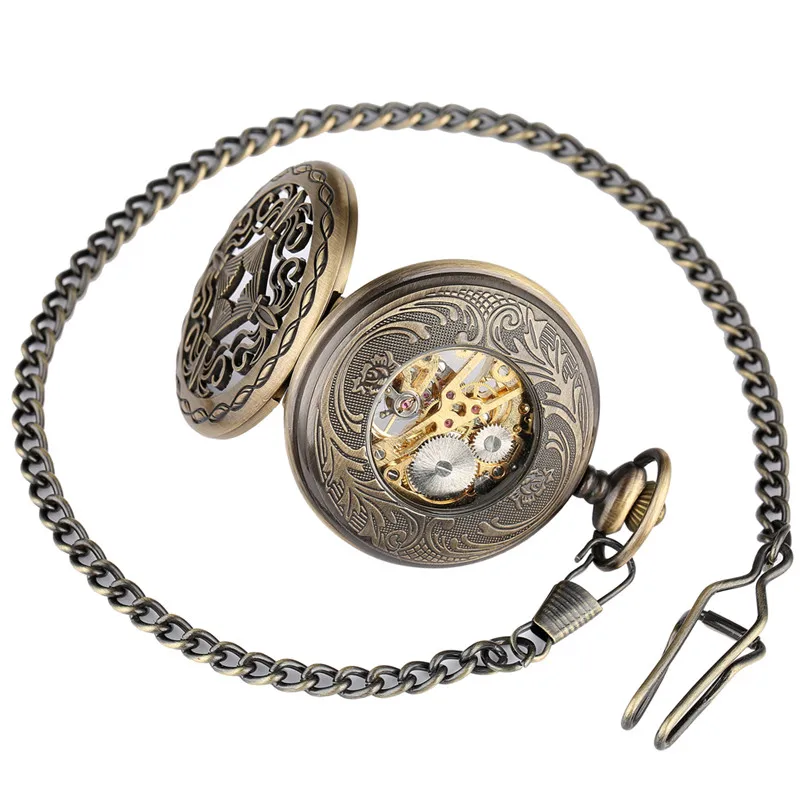 Retro Hollow Case Pocket Watches Steampunk Skeleton Handwinding Mechanical Pendant Clock with Chain Gift To Men Women reloj