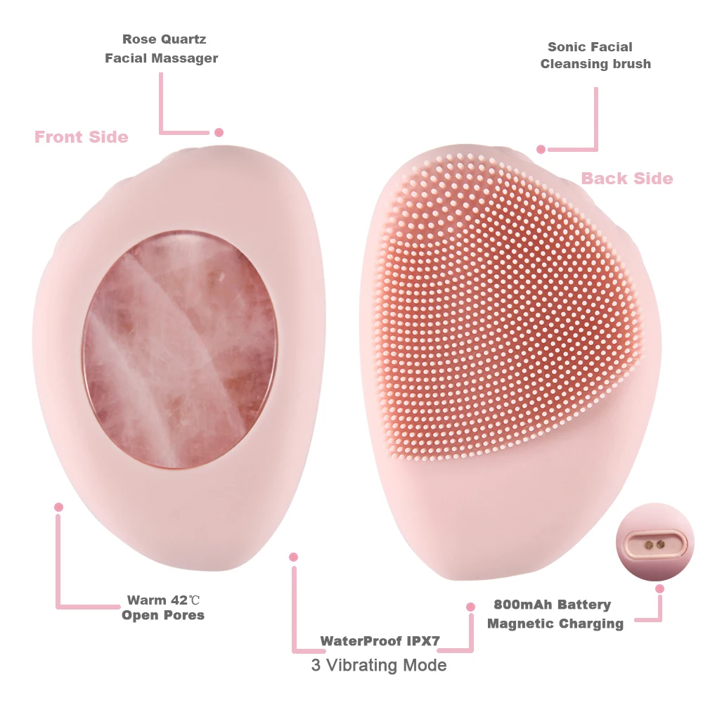 Sonic Silicone Facial Cleansing Brush With 42℃ Heated Rose Quartz Anti-Aging Natural Jade Facial Massager Waterproof Skin Care