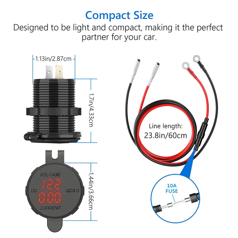 New QC 3.0 USB Charger Socket Power Outlet Digital Voltmeter Ammeter Monitoring Panel for Car Boat Marine Rv Motorcycle Truck