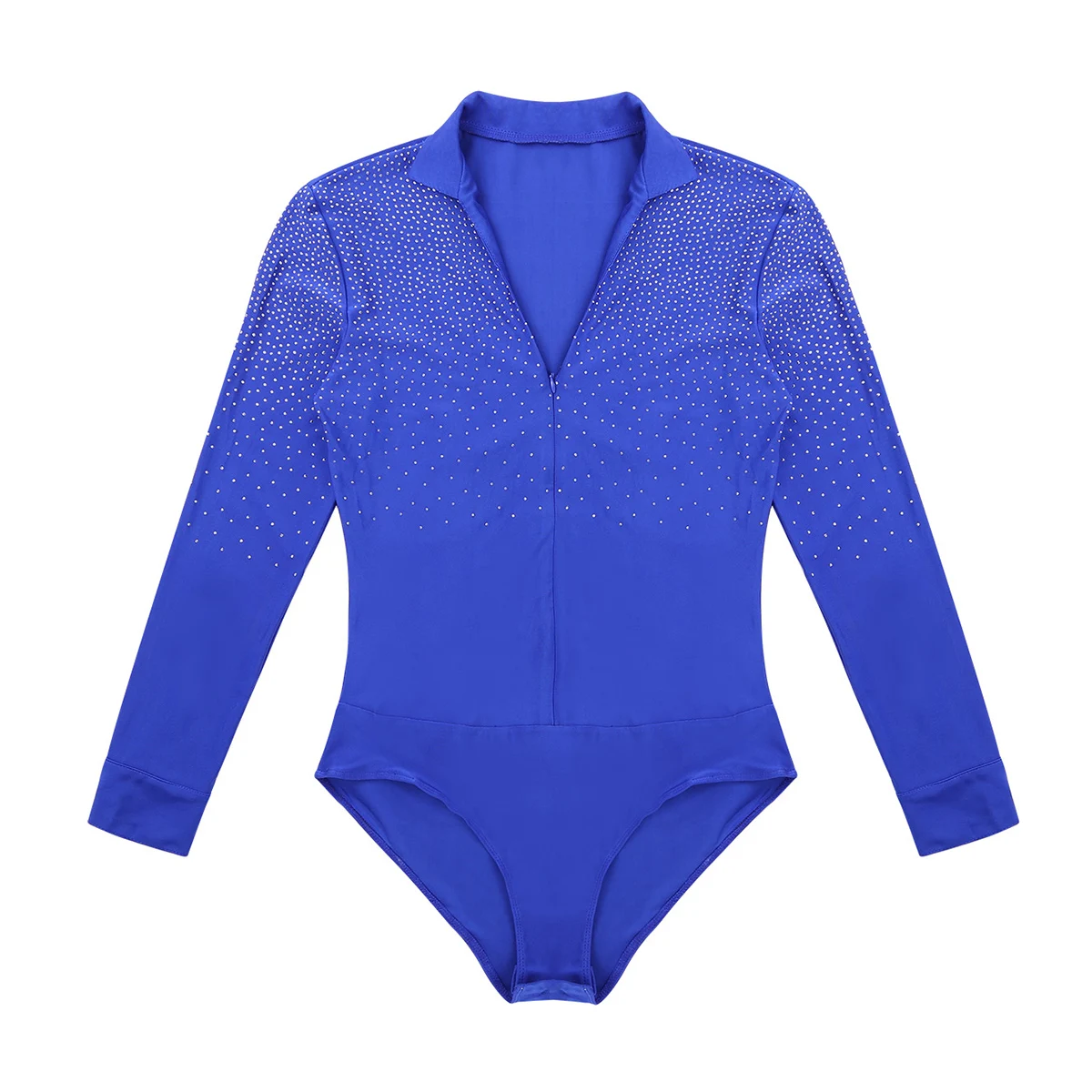 Mens Shiny Rhinestones Latin Tango Rumba เต้นรำเสื้อ V คอคอยาว Ballroom Leotard Bodysuit เสื้อ Tops