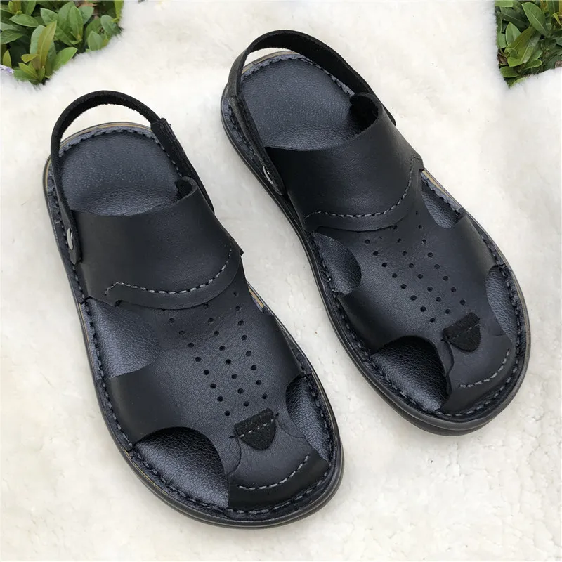 Middle-aged Men Summer Sandals Real Lether Soft Close Toe Slides  Men\'s Dalily Casual Outdoor Shoes