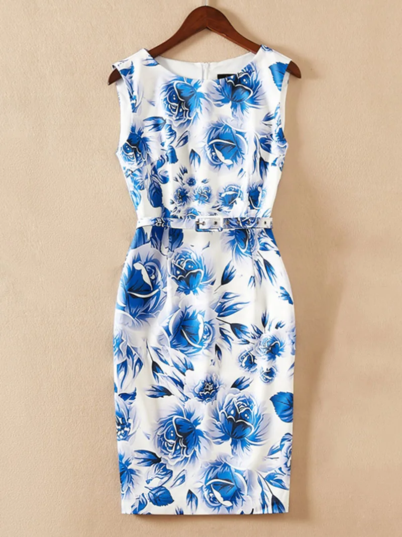 

Floral Flower Print Women Sheath Dress Round Neck Sleeveless Dresses With Belt