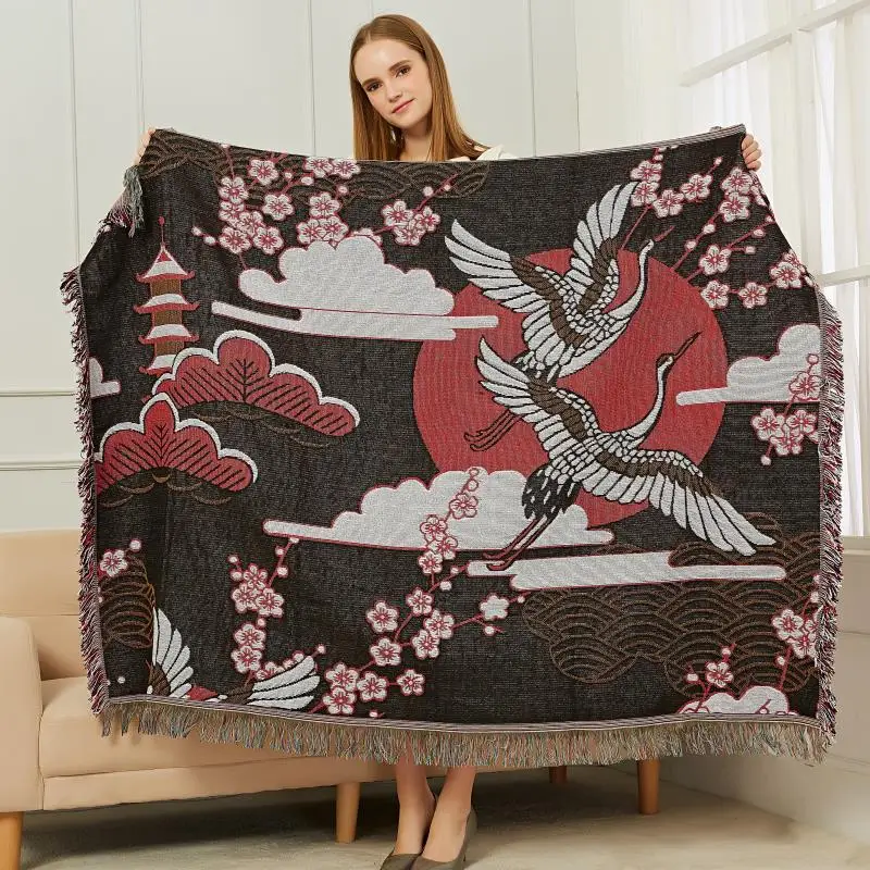 Ukiyo-e Crane Sofa Towel Blanket Kintted Bed Throw Fabric Thin Wall Decorative Tapestry Leisure Femal Shawl New Year Decoration