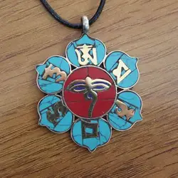 PN076 Tibetan Brass Turquoises Coral Buddha Eye & Mantras Lotus Flower Women Pendant