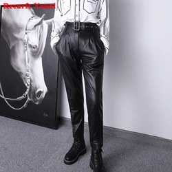 Women Trousers 2022 Winter Harajuku Femme Genuine Leather High Waist Casual Slim Carrot Pants With Pockets Belt Pantalones Mujer