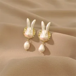 Trendy Pearl Rabbit Drop Earrings For Woman Gold Color Nightclub Shining Dangle Earrings Fashion Korean Jewelry 2021 New Gifts