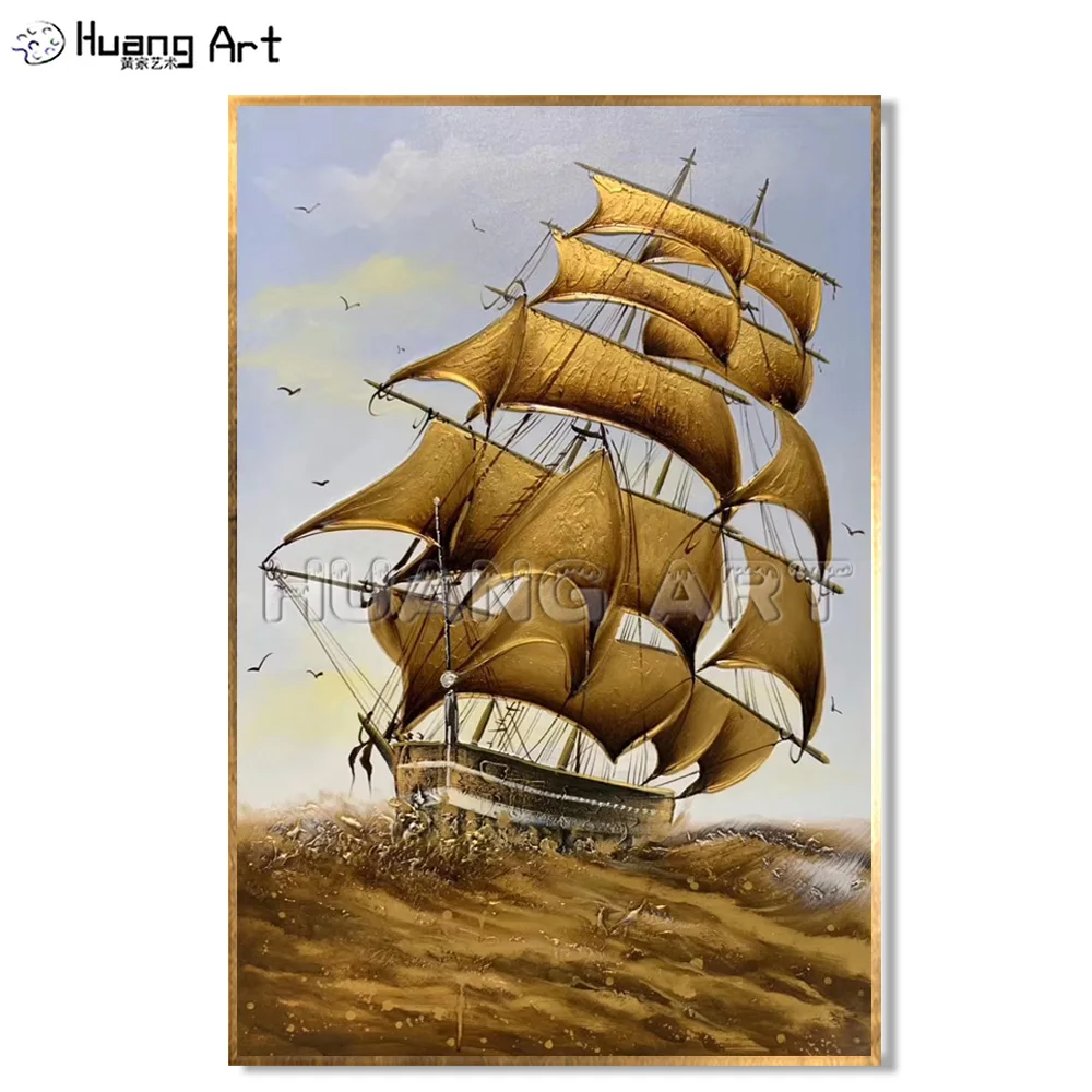 Hand-painted Modern Gold Sail Oil Painting on Canvas for Living Room Decor Handmade Sailboat Sea Landscape Texture Painting