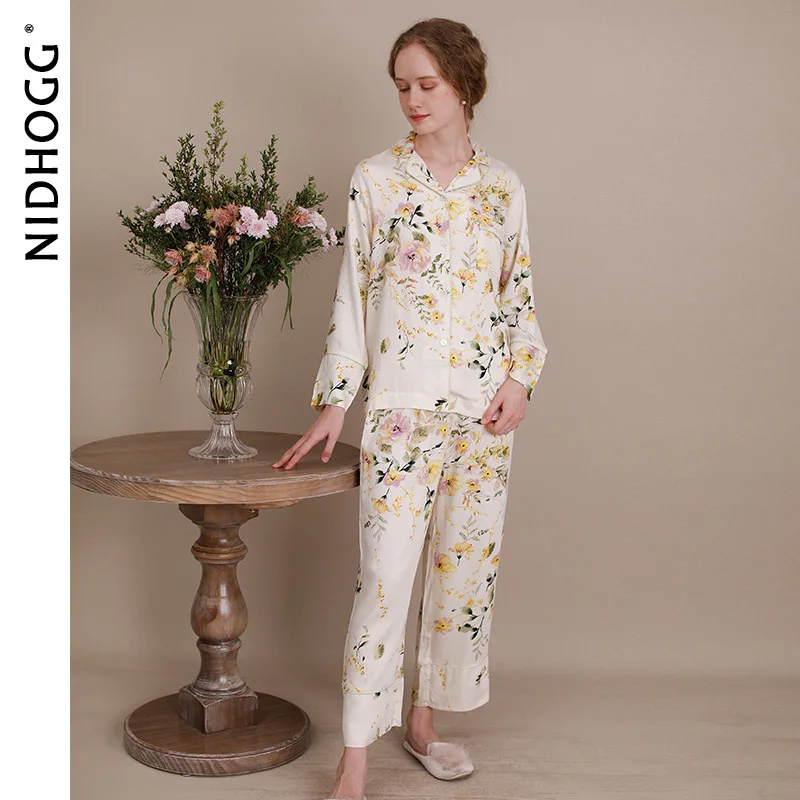 Autumn Satin Lapel Pajamas Viscose Long Sleeve Long Pants Pijamas Fresh Elegant Rose Flower Printing Sleepwear White 2 Piece Set