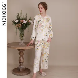 Autumn Satin Lapel Pajamas Viscose Long Sleeve Long Pants Pijamas Fresh Elegant Rose Flower Printing Sleepwear White 2 Piece Set