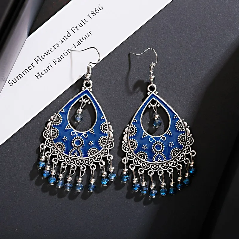 Vintage Red Beads Tassel Wedding Earrings Indian Jhumka Antique Boho Silver Color Flower Carved Drop Earrings Brincos Jewelry