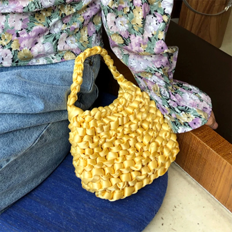 Scarf Ribbon Hand-woven Women Handbag Fluorescent Colors Ladies Hand Bags Crochet Handmade Female Tote Solid Women Bag 2024 New