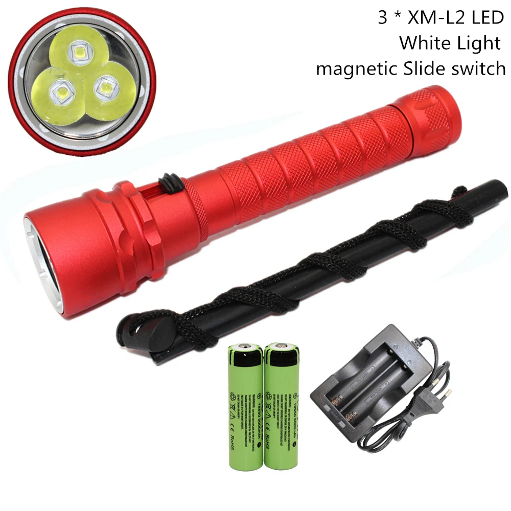 Diving Flashlight Torch 3 x XM-L2 3200 Lumens LED 30W  Waterproof Underwater 100M Scuba Lamp Light +2x 18650 Battery +Charger