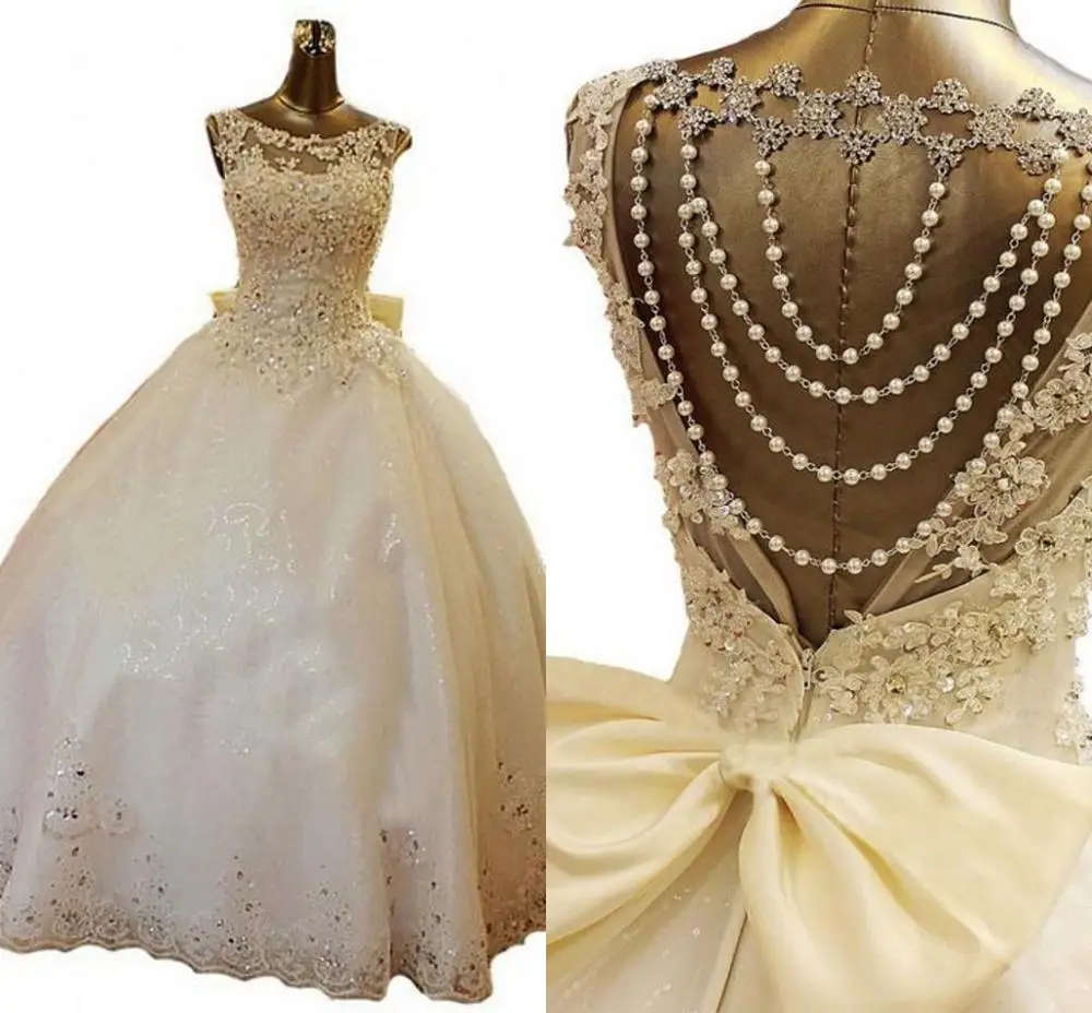 Customized 2024 New Bling Crystal Wedding Dresses Scoop Appliques Beads Pearl Bows Court Train Lace Luxury Bridal Gowns