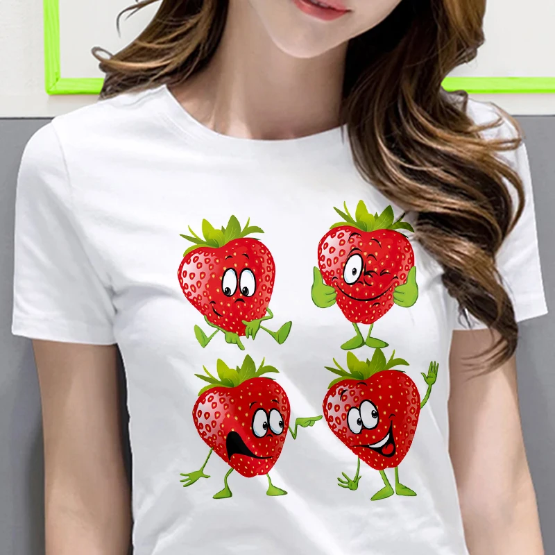 

New Harajuku Cute strawberry apple funny print Tshirt Fashion Casual white T Shirt Summer Short sleeve wowen clothing T-shirt