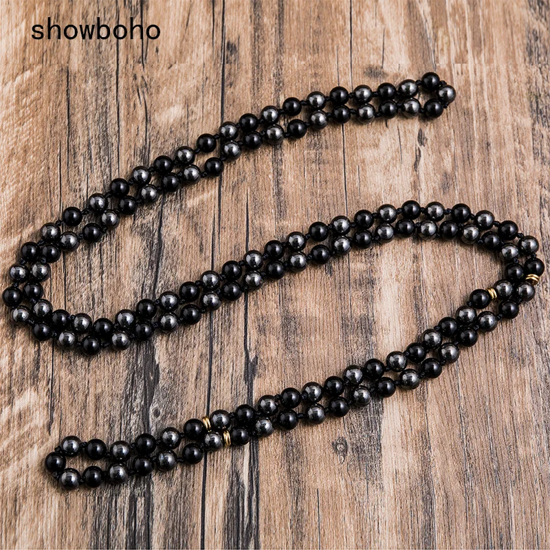 

8mm Black Onyx Hematite Beaded Knotted Mala Necklace Men's Glamour Fashion Meditation Yoga Jewelry 108 Japamala Beads