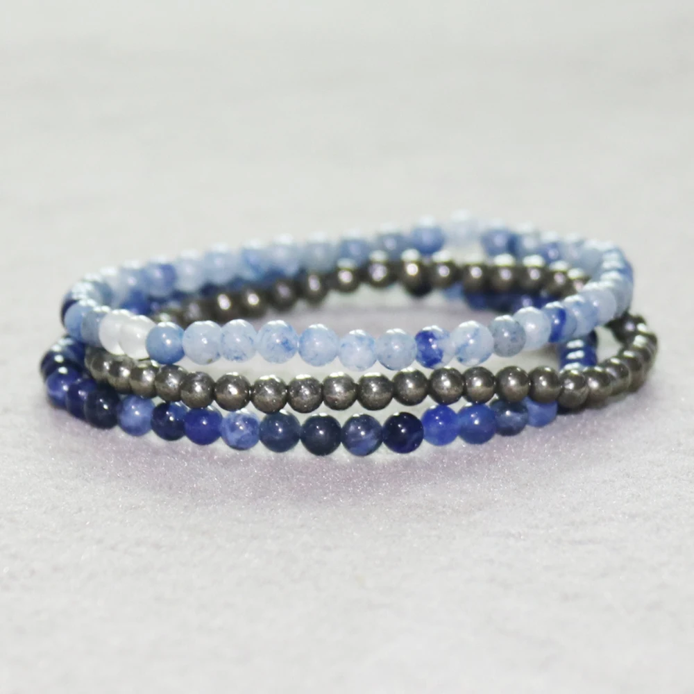 MG0060 Wholesale Natural 4 MM Pyrite Sodalite Blue Aventurine Bracelet Set Womens Mini Gemstone Yoga Jewelry