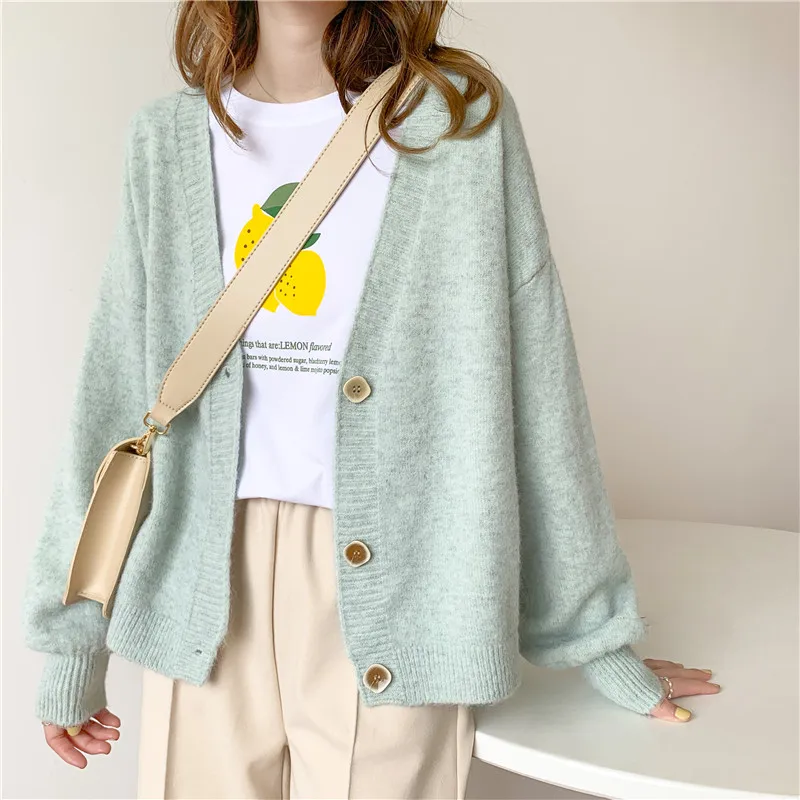 

2020 Autumn Winter Oversized Women Sweater Cardigans V neck Lantern Sleeve Loose Knit Cardigan Open Stitch Suete Mujer Poncho