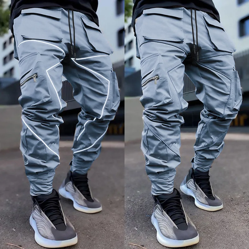 Joggers Cargo Pants Reflective Stripe Fashion Streetwear Hip Hop Sweatpants Black White Patchwork Hipster Mens Trousers