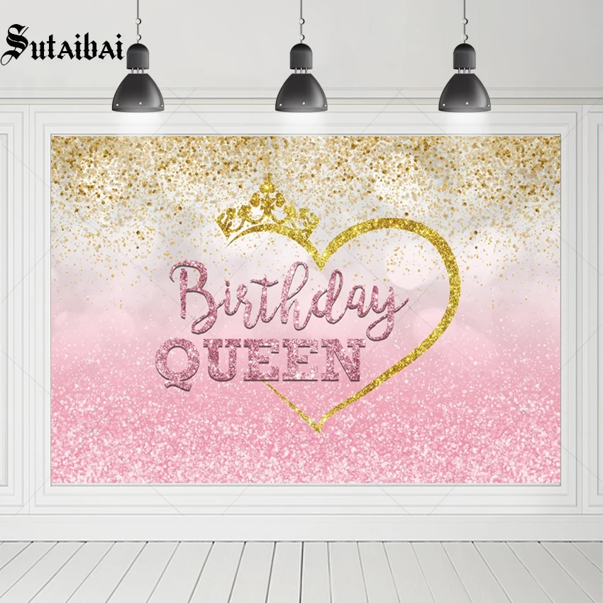 Birthday Queen Princess Backdrop Gold Rose Glitter Dots Photo Background Sweet 15 16th Girls Birthday Party Decoration Banner