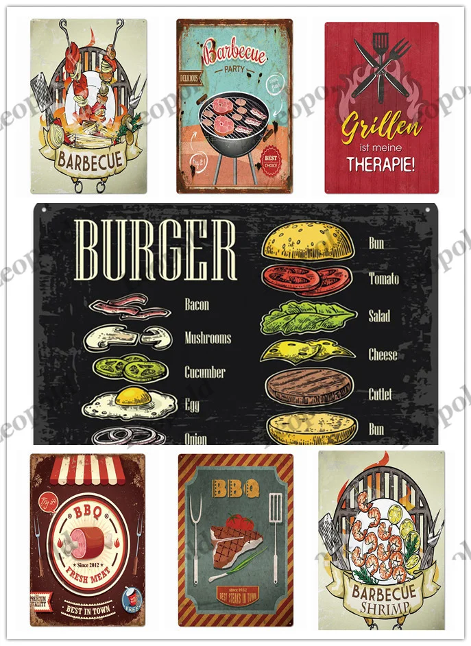 Bbq Metal Tin Plate Vintage Poster Food Beer Plaque Barbecue Metal Brand Restaurant Dessert Shop Kitchen Home Decorations