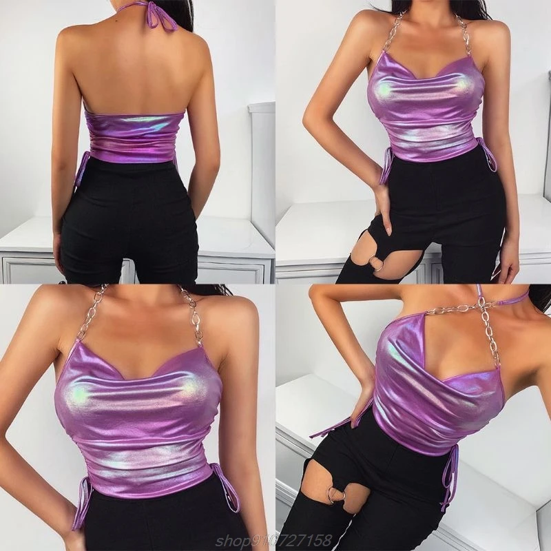 Women Summer Ruched Drawstring Halter Crop Top Glitter Metallic Holographic Camisole Sexy Backless Metal Chain M04 21 Dropship