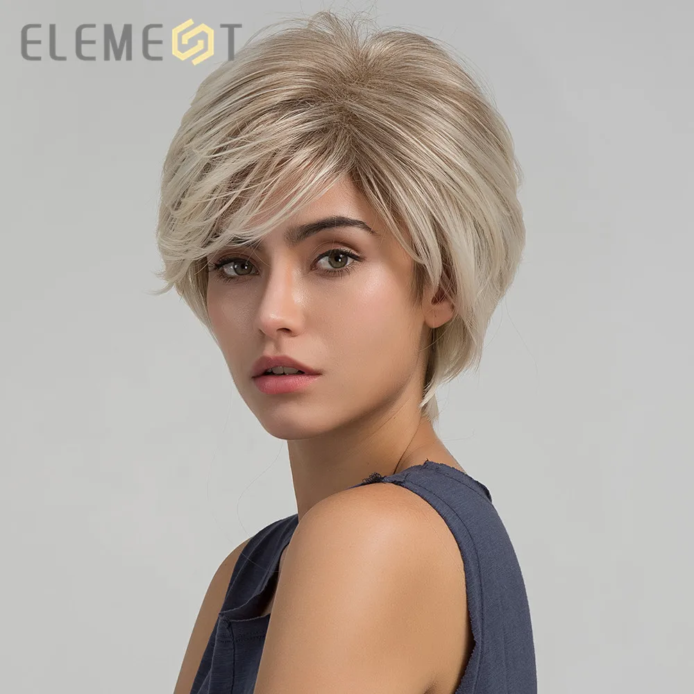 Element Short Straight Ombre Light Brown to Blonde Color Synthetic Pixie Cut Wigs for White/Black Women Daily Wear