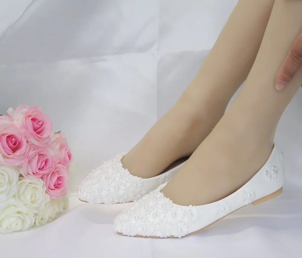 

Sexy Ballet Flats White Pearl Lace Wedding Shoes Flat Heel Casual Shoes Pointed Toe Flats Women Wedding Princess Flats sandals