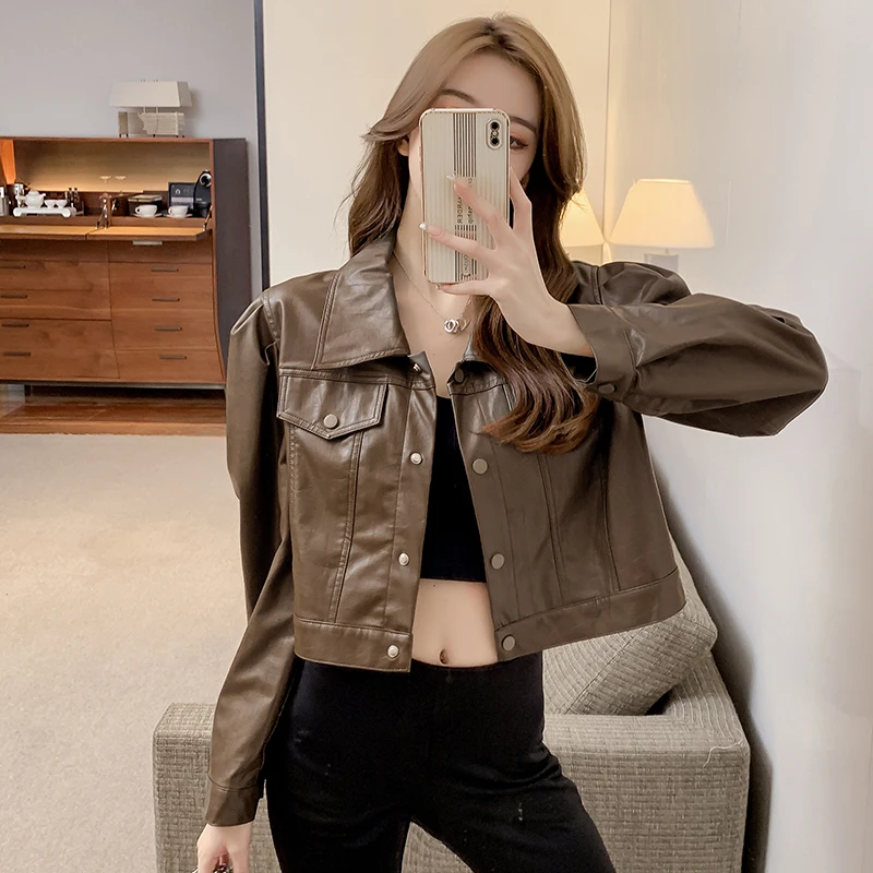 

Korea Autumn Women Fashion Leather Jacket Coat Women's Single-Breasted Short Jackets Coat Long Sleeve Outerwear