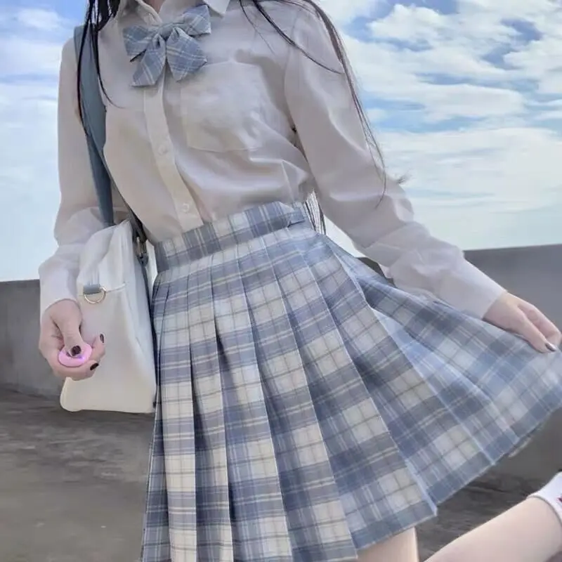 [Rhythm of the Rain] Girls Long/Short sleeve High Waist Blue Plaid Pleated Skirts Women Dress JK School Uniform Students White