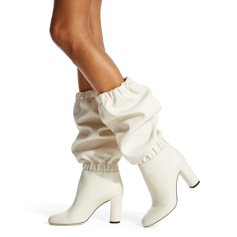 

Beige White Suede Frape Elastic Women Mid-calf Boots Female Chise Mid Calf Boots Chunky Heels Pleated Knight Bottine Zapatos