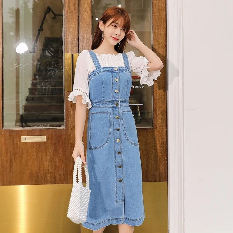 Street High Women Denim Straps Dress Mid Calf Single Breasted A-Line High Waist Summer Dress Casual Slim Fit Harajuku Sundress