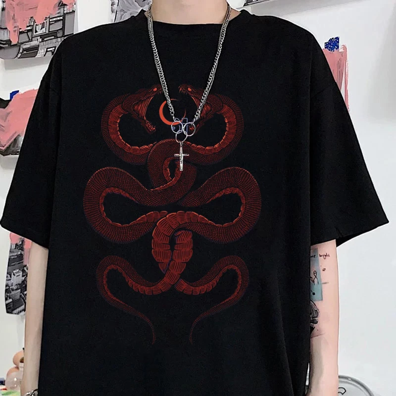 Dark Vintage Moon Snake Print Goth Horror T-Shirt Women Oversize Punk Summer Short Sleeve Casual Clothe Loose Streetwear Y2K Top